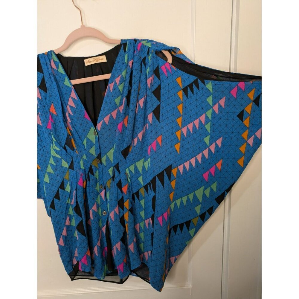 Size 0 Mara Hoffman 100% Silk Geometric Dolman Sleeve Button Blouse Top - Picture 4 of 8